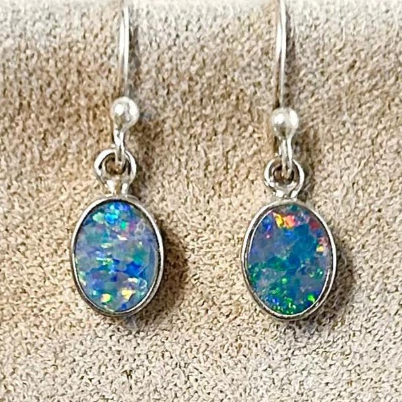 Opal Doublet and Sterling Silver Dangle Earrings