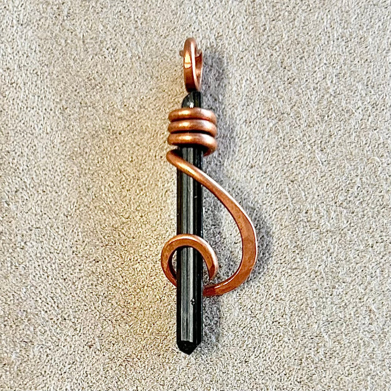 Tourmaline (Black, Schorl) and Copper Wire-Wrapped Pendant