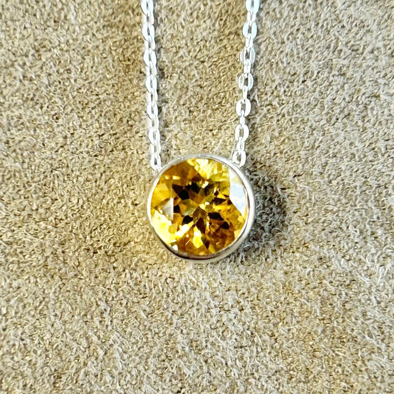 Citrine Round Faceted Pendant with Sterling Silver Chain