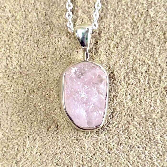 Rose Quartz (Rough) and Sterling Silver Pendant on Chain