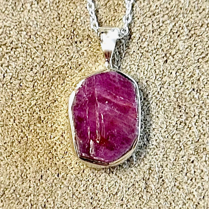 Ruby (Rough) and Sterling Silver Pendant on Chain