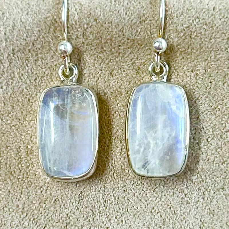 Moonstone (Rainbow) Cabochon Dangle Earrings