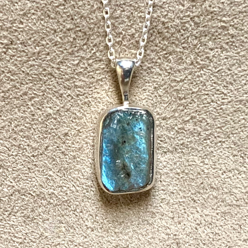 Labradorite (Rough) and Sterling Silver Pendant on Chain